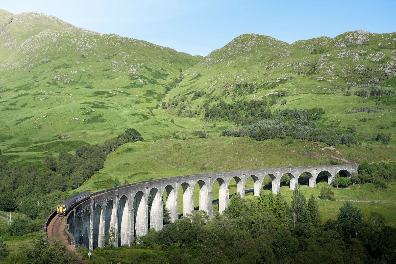 A train crossing the Glenfinnan Viaduct in the Scottish Highlands